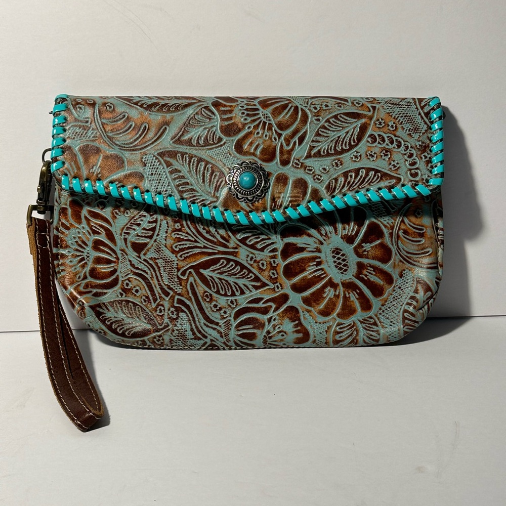 Myra Floral Embossed Wristlet Clutch - Brown and Turquoise Hand Tooled Leather
